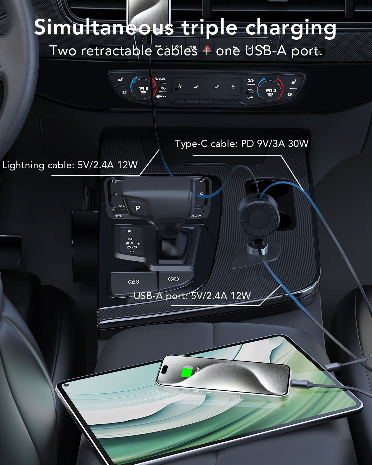 Retractable Car Charger, 3 in 1 Fast Car Phone Charger, 2 Retractable Cables and 1 USB Ports, Car Charger Compatible with iPhone 15/14/13/12/11 Pro Max, Galaxy S23, Pixel