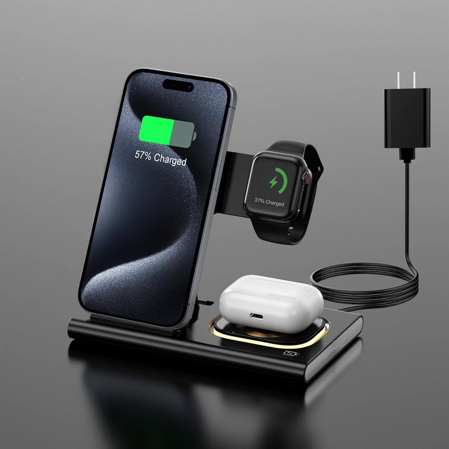 3 in 1 Foldable Charging Station for Apple Products,Fast Wireless Charger Travel Dock 18W&Light for iPhone 15/14/13/12/11 Pro Max/X/XS/XR 8,iWatch Ultra/8/7/6/SE/5/4/3/2,Airpods 3/2/Pro.Metal style coil.With adjustable LED lights.With Adapter
