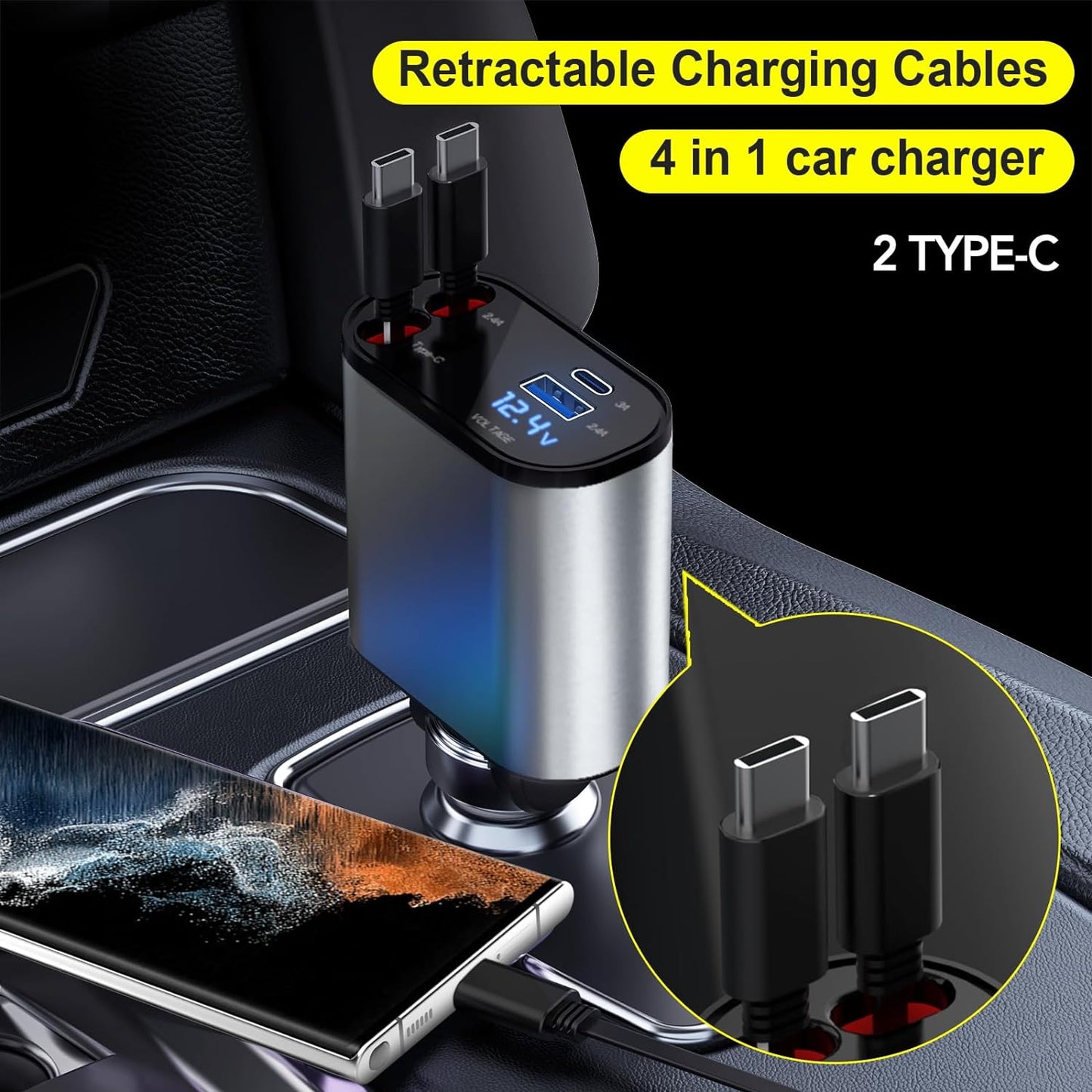 Retractable Car Charger, 4 in 1 Fast Car Phone Charger 60W, Retractable Cables and USB Car Charger,Compatible with iPhone 15/14/13/12/11,Galaxy,Pixel.Travel/Portable.Car accessories.For gifts