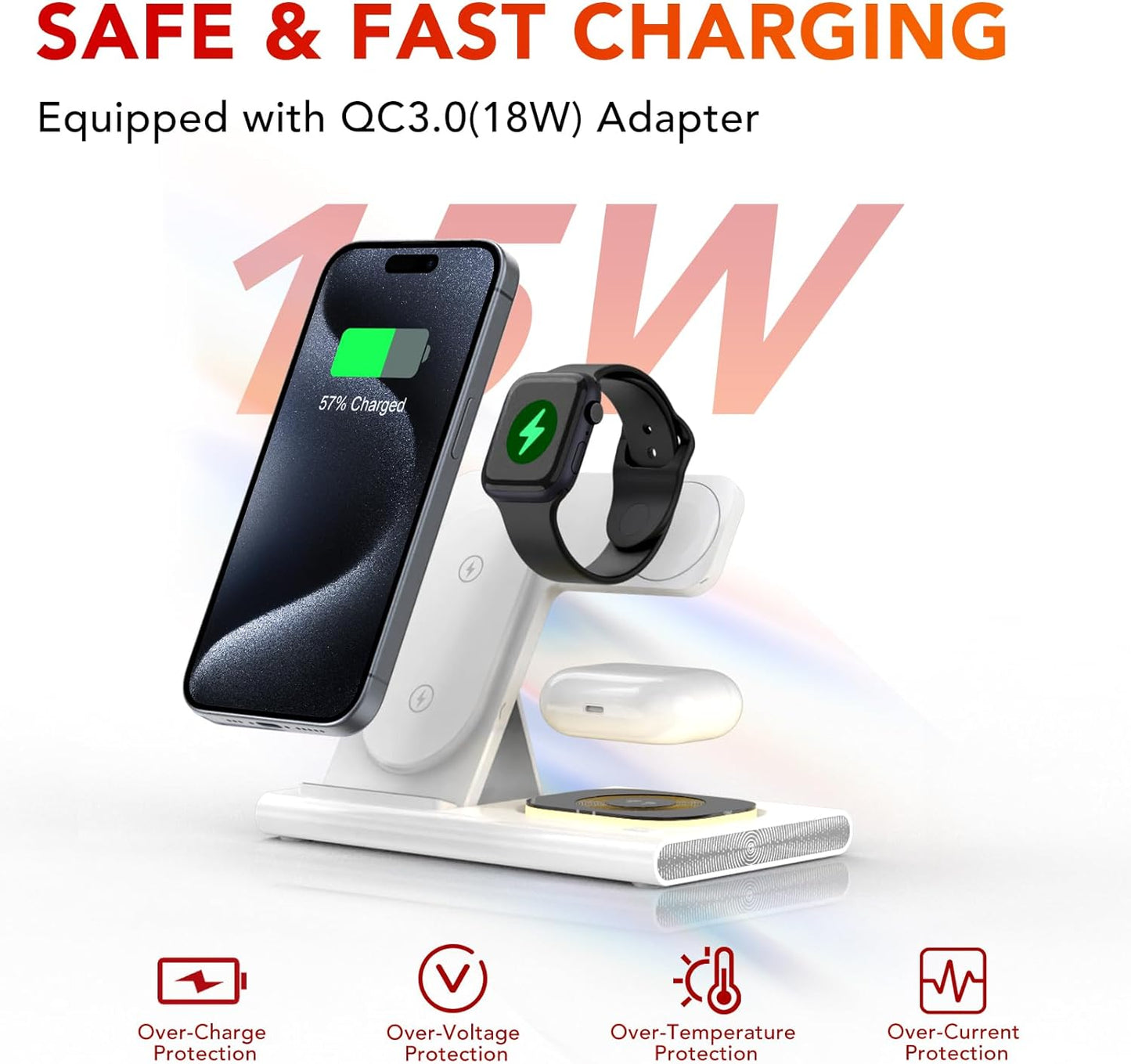 3 in 1 Foldable Charging Station for Apple Products,Fast Wireless Charger Travel Dock 18W&Light for iPhone 15/14/13/12/11 Pro Max/X/XS/XR 8,iWatch Ultra/8/7/6/SE/5/4/3/2,Airpods 3/2/Pro.Metal style coil.With adjustable LED lights.With Adapter