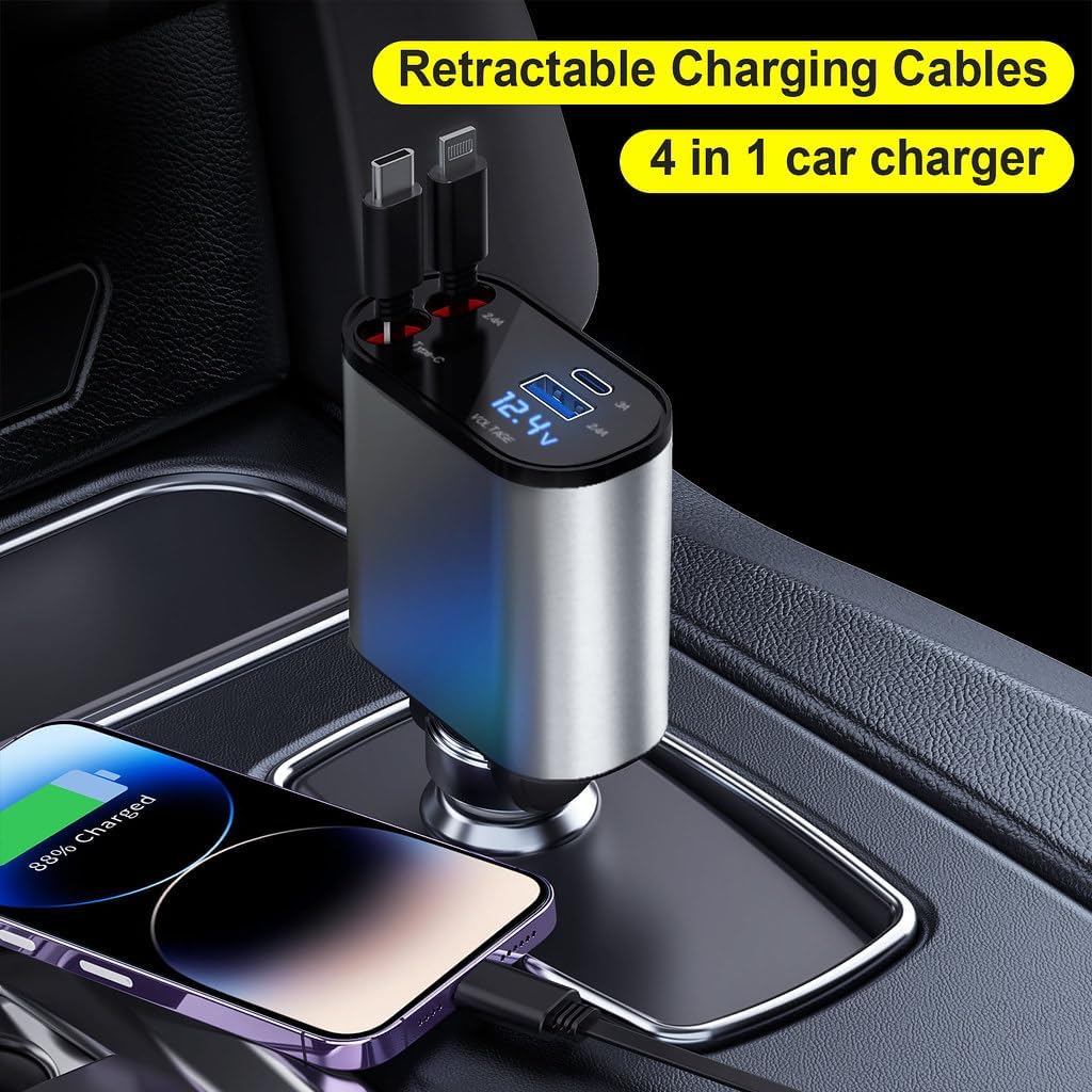 Retractable Car Charger, 4 in 1 Fast Car Phone Charger 60W, Retractable Cables and USB Car Charger,Compatible with iPhone 15/14/13/12/11,Galaxy,Pixel.Travel/Portable.Car accessories.For gifts