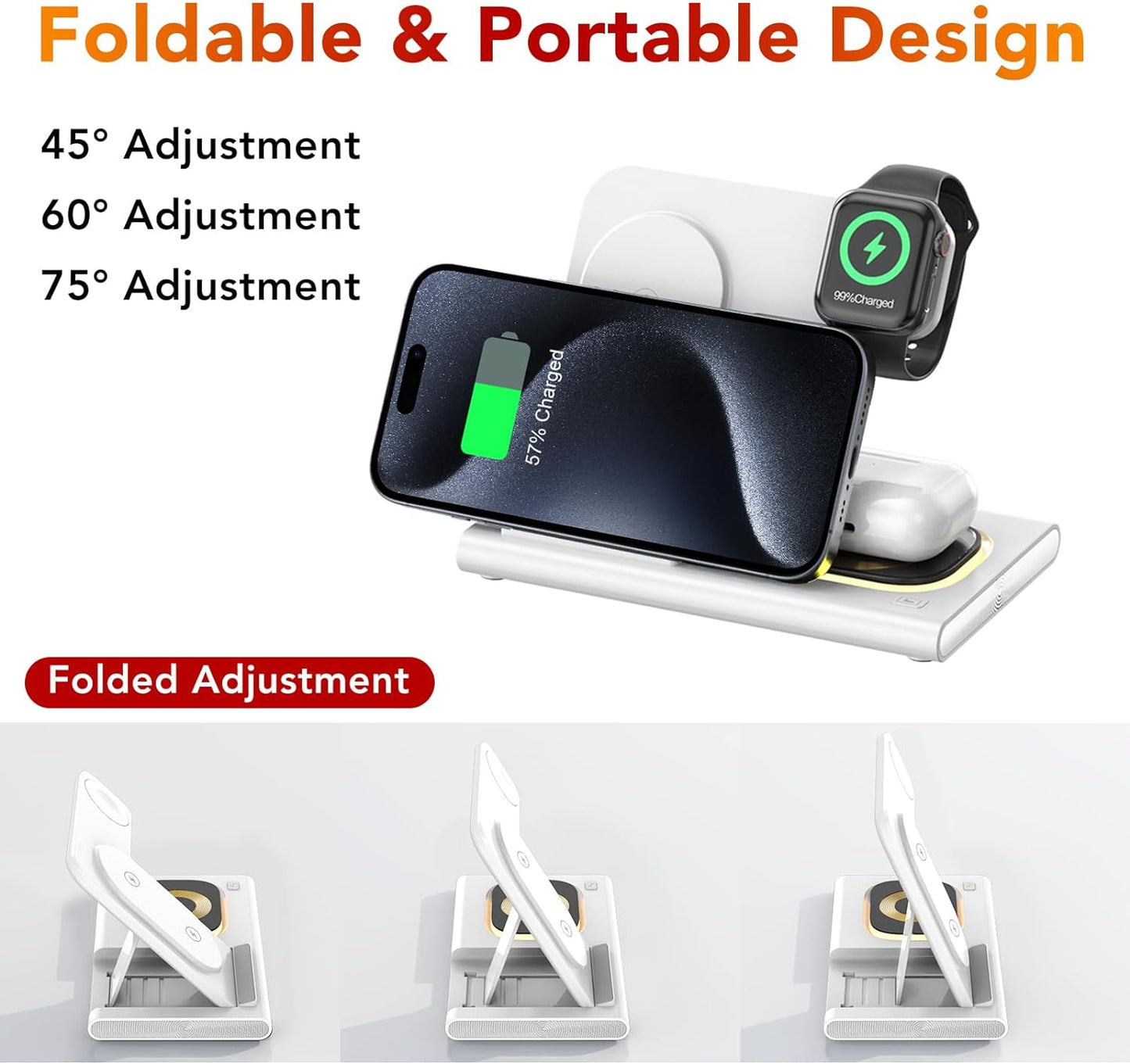 3 in 1 Foldable Charging Station for Apple Products,Fast Wireless Charger Travel Dock 18W&Light for iPhone 15/14/13/12/11 Pro Max/X/XS/XR 8,iWatch Ultra/8/7/6/SE/5/4/3/2,Airpods 3/2/Pro.Metal style coil.With adjustable LED lights.With Adapter