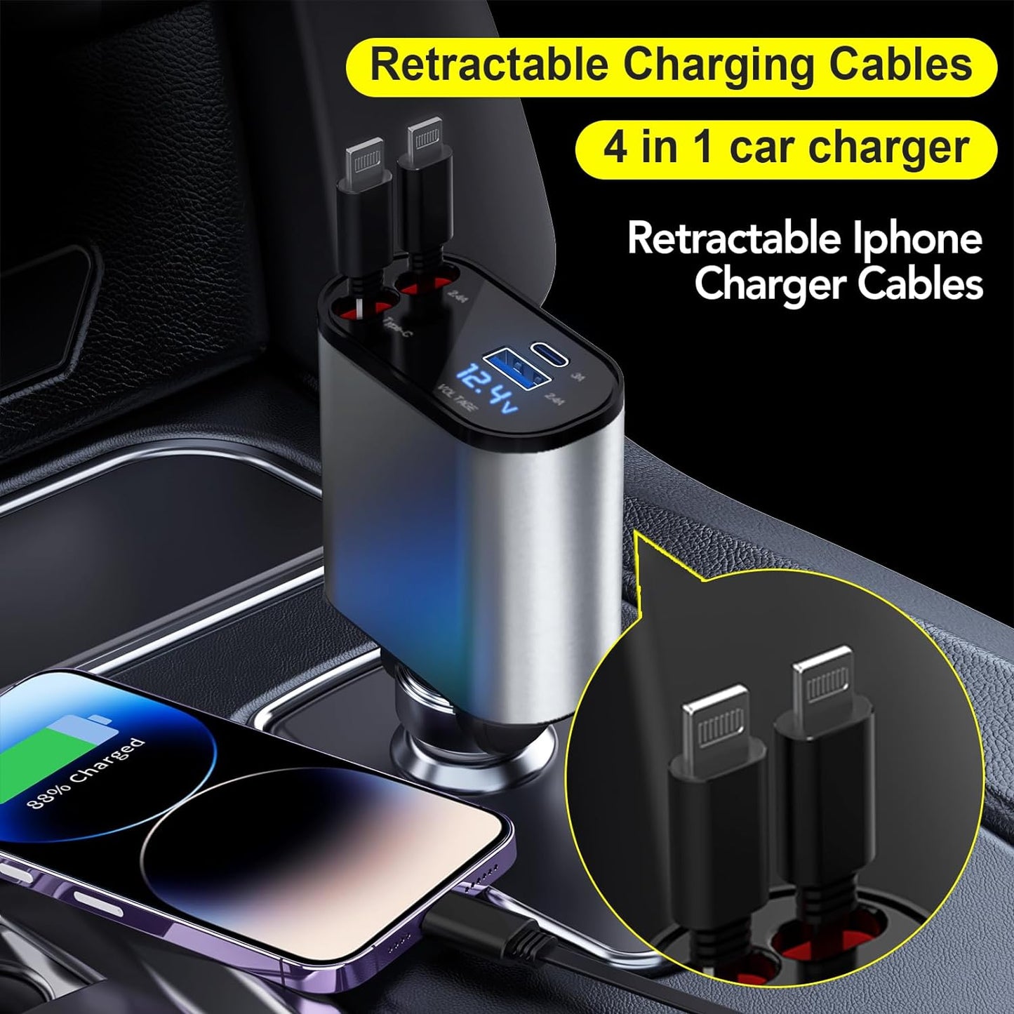 Retractable Car Charger, 4 in 1 Fast Car Phone Charger 60W, Retractable Cables and USB Car Charger,Compatible with iPhone 15/14/13/12/11,Galaxy,Pixel.Travel/Portable.Car accessories.For gifts