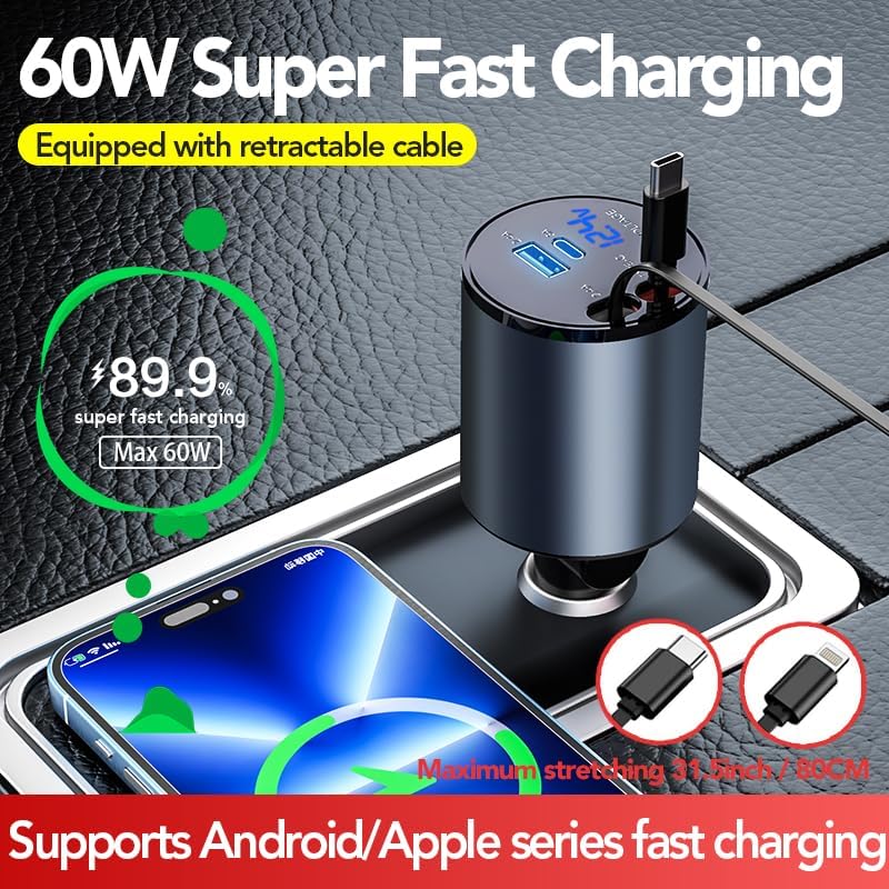 Retractable Car Charger,60W Fast 4 in 1 Car Charger for iPhone and Type C,Retractable Cables and 2 Charging Ports Car Charger for iPhone 15/14/13,iPad,Galaxy and Multiple Devices. Car Accessories Interior,Travel.Car accessories.For Valentines gifts.